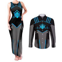 Custom Bowling Team Couples Matching Tank Maxi Dress and Long Sleeve Button Shirt with Blue Bowling Pin Heartbeat Graphic and Winged Emblem - Wonder Print Shop