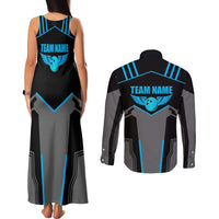Custom Bowling Team Couples Matching Tank Maxi Dress and Long Sleeve Button Shirt with Blue Bowling Pin Heartbeat Graphic and Winged Emblem - Wonder Print Shop