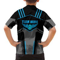 Custom Bowling Team Family Matching Long Sleeve Bodycon Dress and Hawaiian Shirt with Blue Bowling Pin Heartbeat Graphic and Winged Emblem - Wonder Print Shop