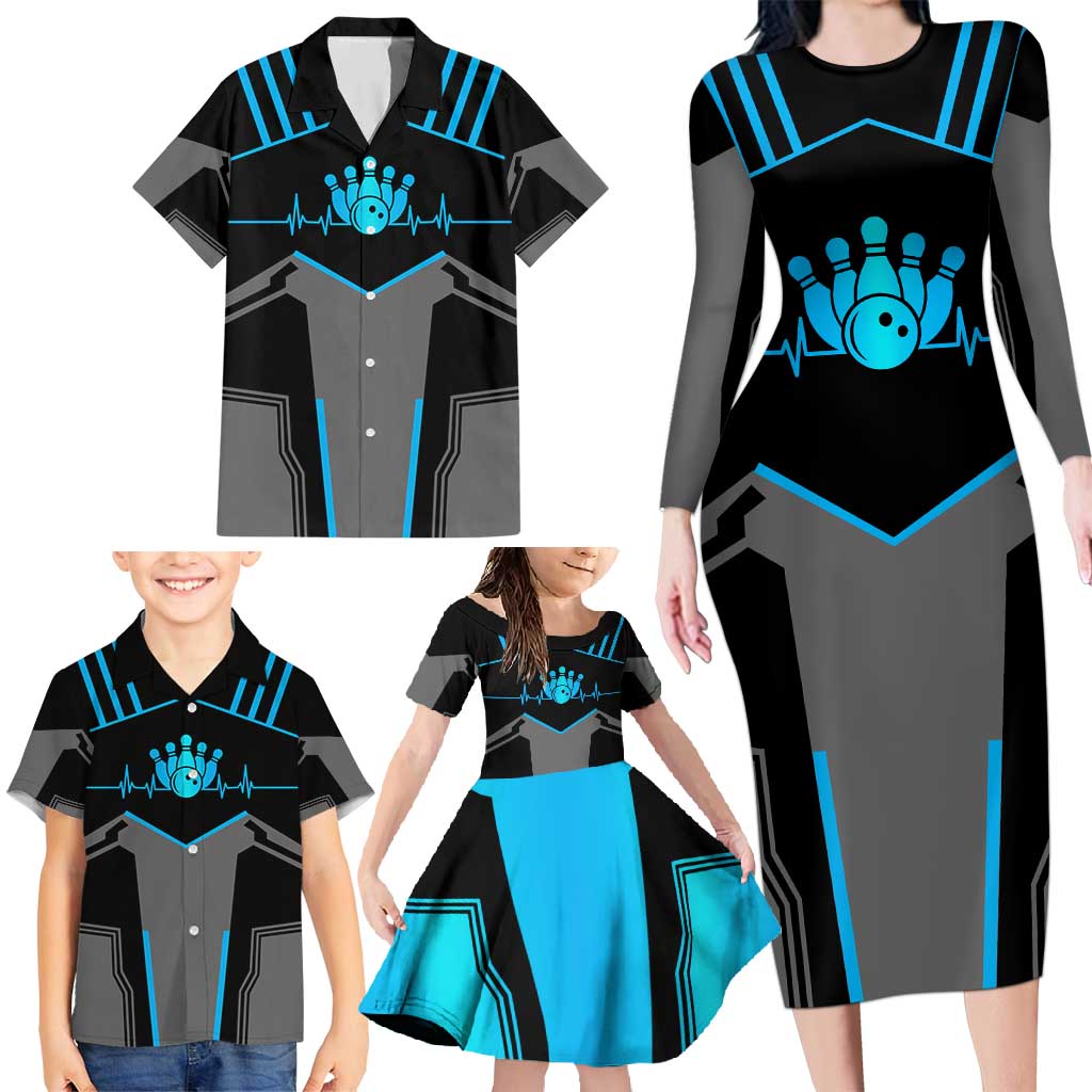 Custom Bowling Team Family Matching Long Sleeve Bodycon Dress and Hawaiian Shirt with Blue Bowling Pin Heartbeat Graphic and Winged Emblem - Wonder Print Shop