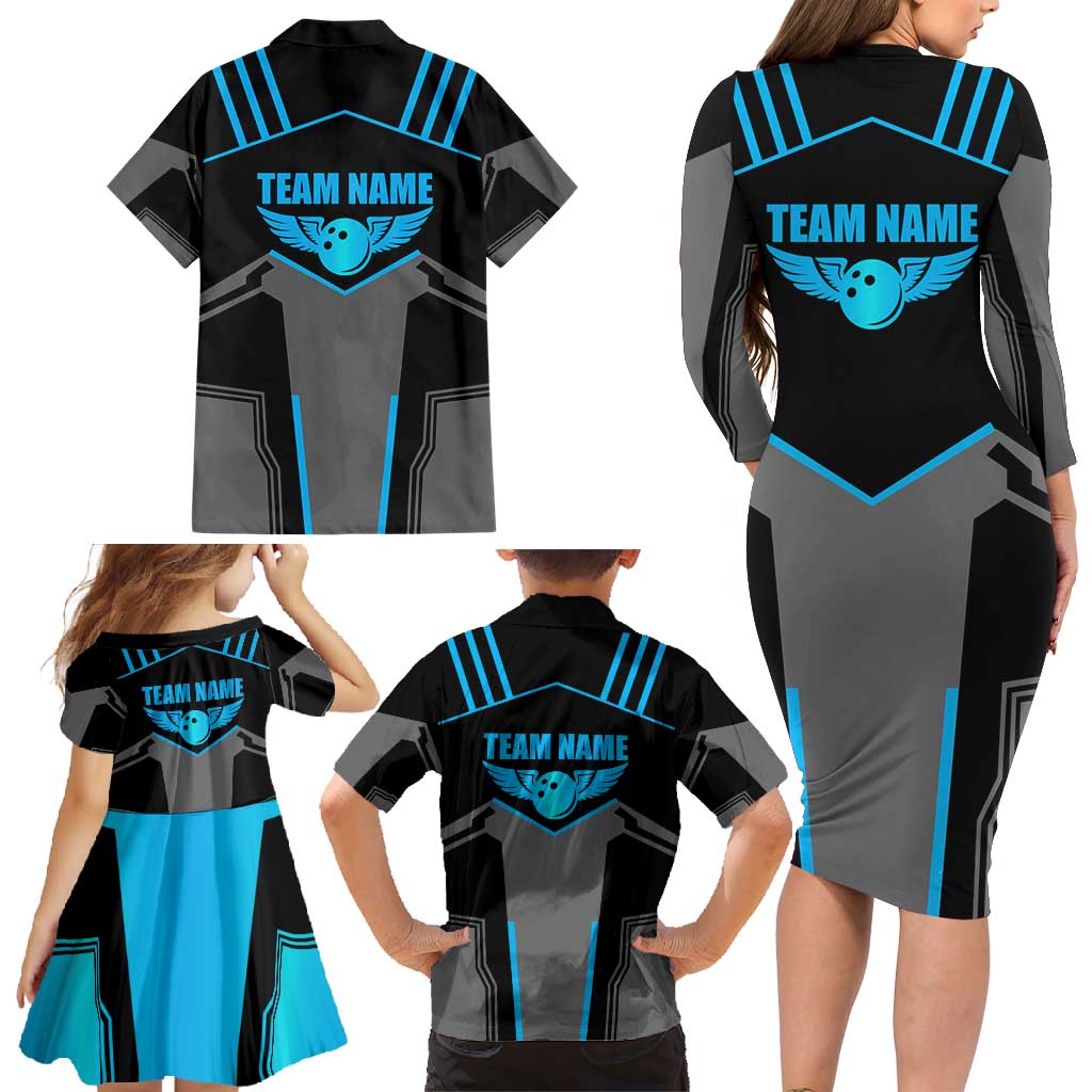 Custom Bowling Team Family Matching Long Sleeve Bodycon Dress and Hawaiian Shirt with Blue Bowling Pin Heartbeat Graphic and Winged Emblem - Wonder Print Shop
