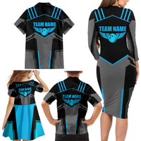 Custom Bowling Team Family Matching Long Sleeve Bodycon Dress and Hawaiian Shirt with Blue Bowling Pin Heartbeat Graphic and Winged Emblem - Wonder Print Shop