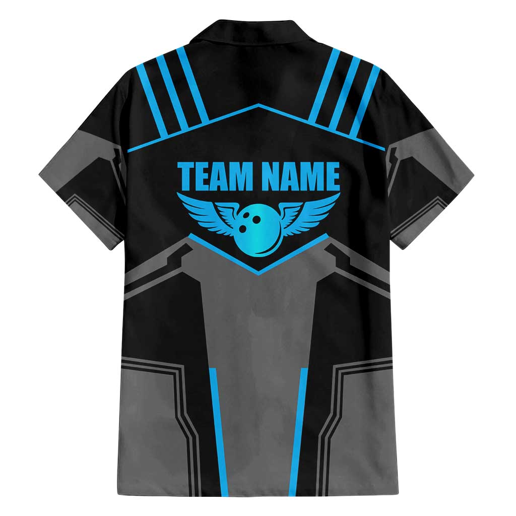 Custom Bowling Team Family Matching Long Sleeve Bodycon Dress and Hawaiian Shirt with Blue Bowling Pin Heartbeat Graphic and Winged Emblem - Wonder Print Shop