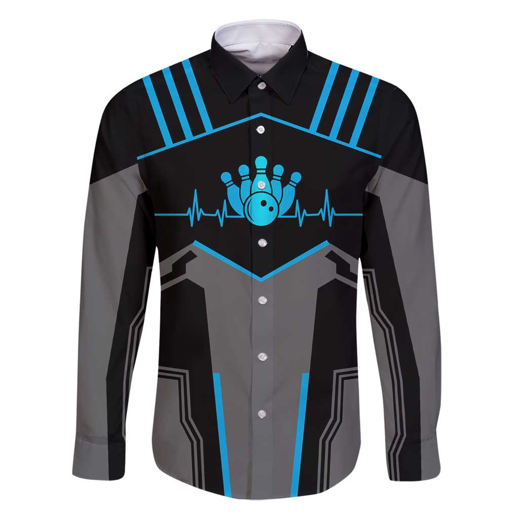 Custom Bowling Team Family Matching Long Sleeve Bodycon Dress and Hawaiian Shirt with Blue Bowling Pin Heartbeat Graphic and Winged Emblem - Wonder Print Shop