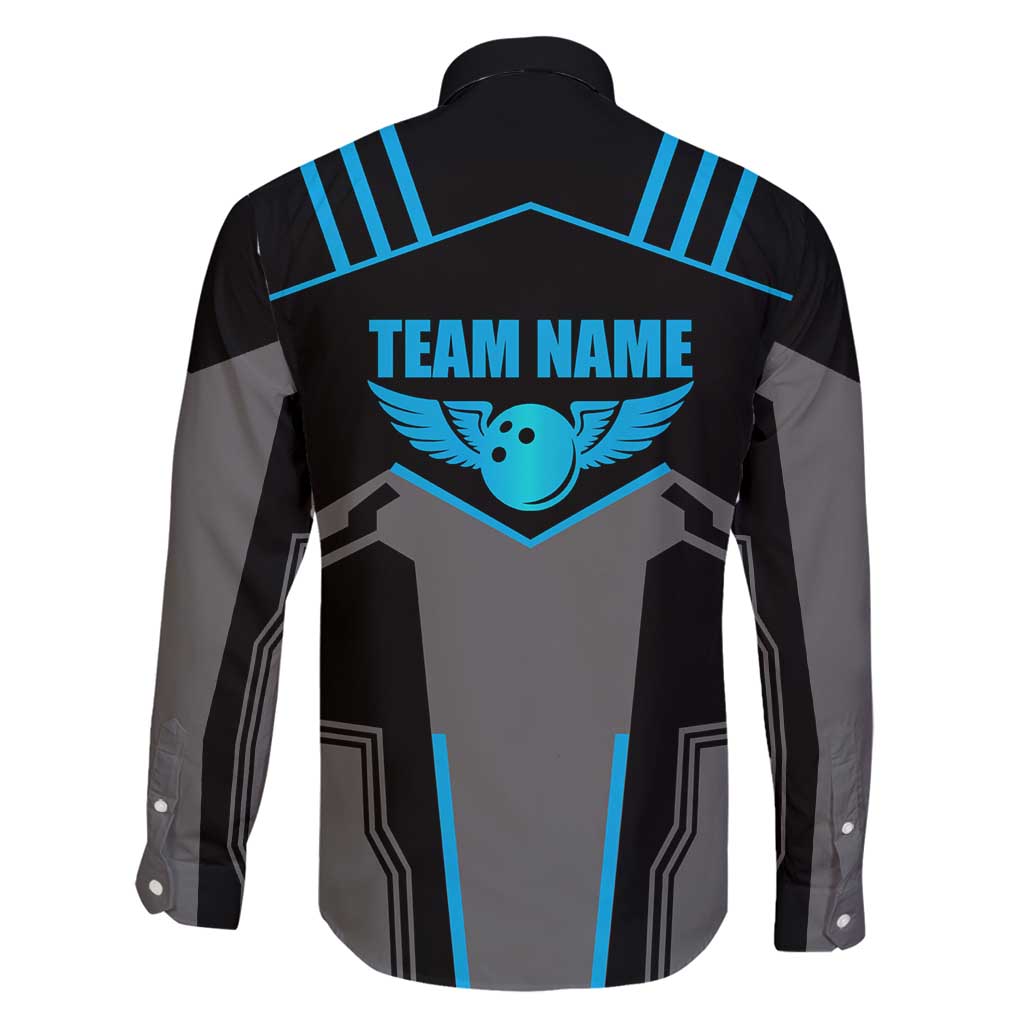 Custom Bowling Team Family Matching Long Sleeve Bodycon Dress and Hawaiian Shirt with Blue Bowling Pin Heartbeat Graphic and Winged Emblem - Wonder Print Shop