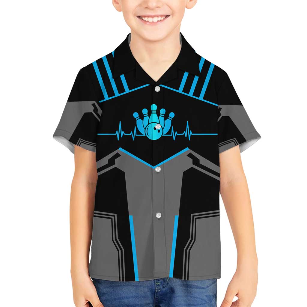 Custom Bowling Team Family Matching Long Sleeve Bodycon Dress and Hawaiian Shirt with Blue Bowling Pin Heartbeat Graphic and Winged Emblem - Wonder Print Shop