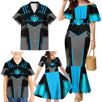 Custom Bowling Team Family Matching Mermaid Dress and Hawaiian Shirt with Blue Bowling Pin Heartbeat Graphic and Winged Emblem - Wonder Print Shop