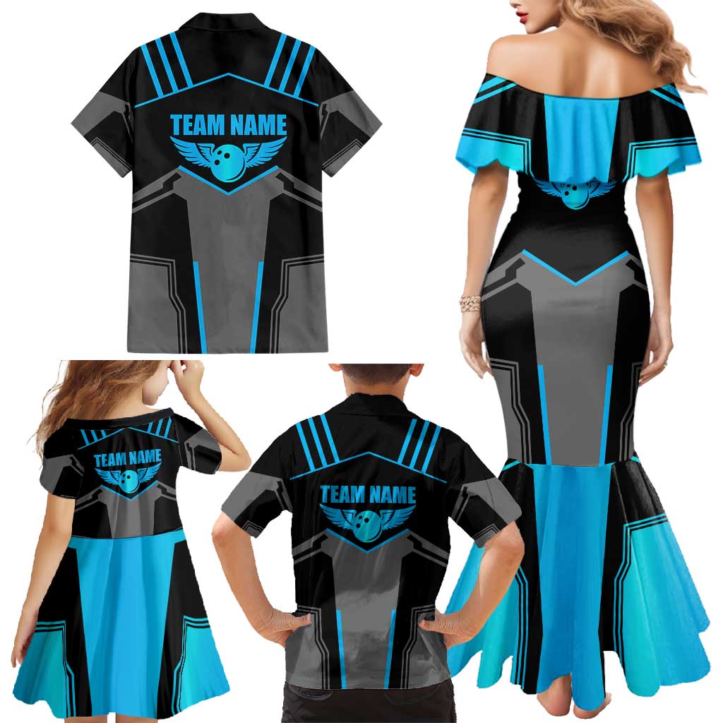 Custom Bowling Team Family Matching Mermaid Dress and Hawaiian Shirt with Blue Bowling Pin Heartbeat Graphic and Winged Emblem - Wonder Print Shop
