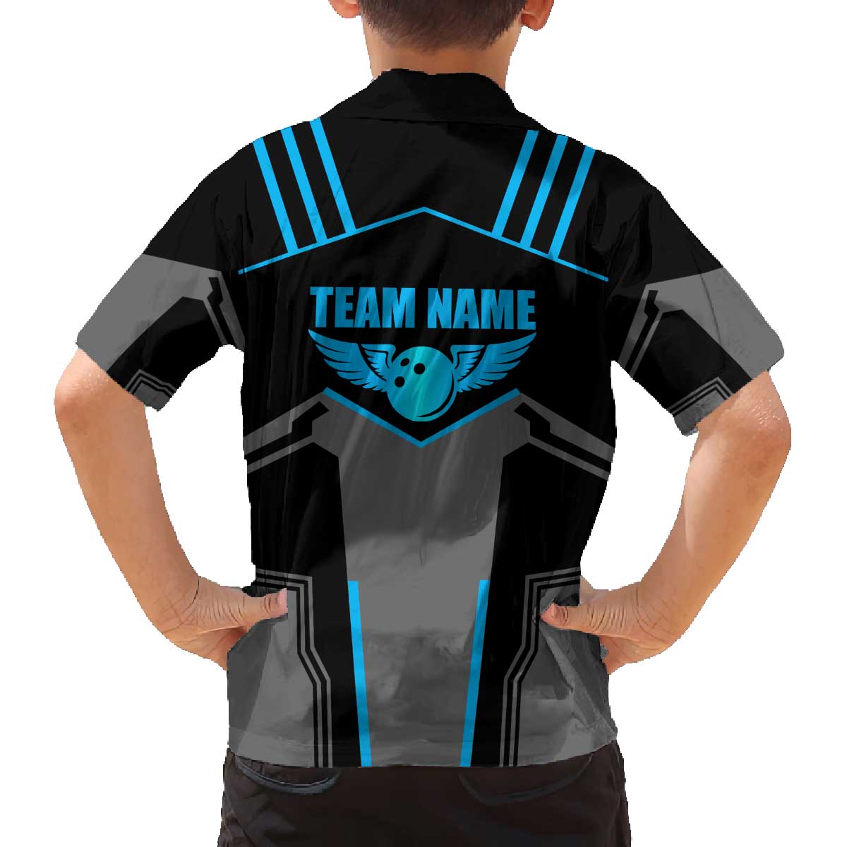 Custom Bowling Team Family Matching Off The Shoulder Long Sleeve Dress and Hawaiian Shirt with Blue Bowling Pin Heartbeat Graphic and Winged Emblem - Wonder Print Shop