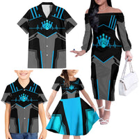 Custom Bowling Team Family Matching Off The Shoulder Long Sleeve Dress and Hawaiian Shirt with Blue Bowling Pin Heartbeat Graphic and Winged Emblem - Wonder Print Shop