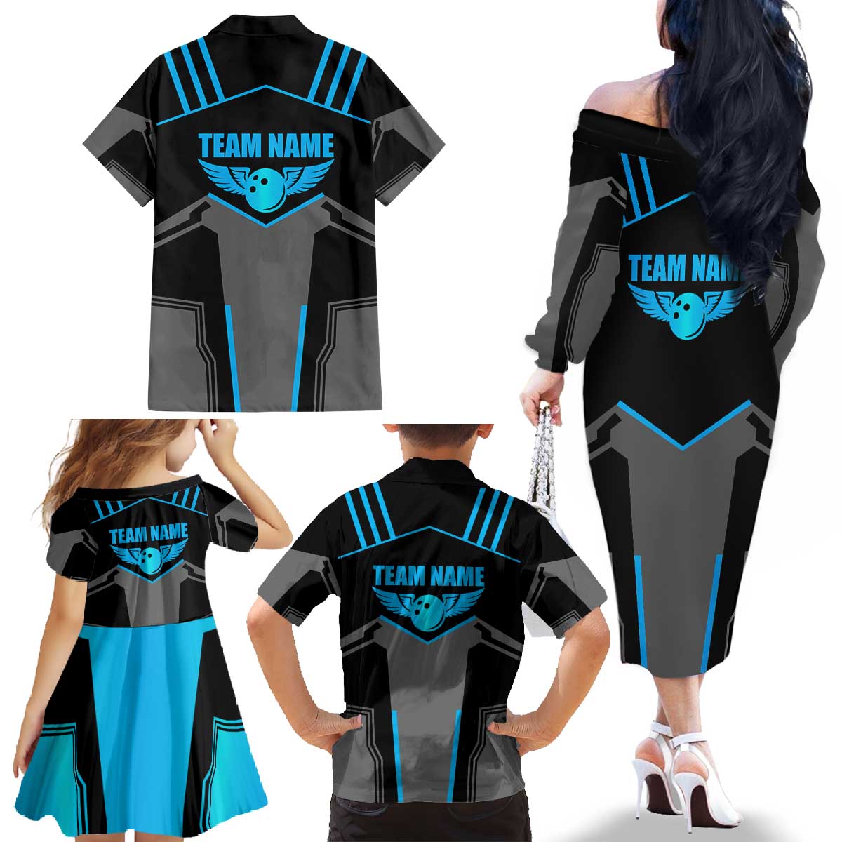 Custom Bowling Team Family Matching Off The Shoulder Long Sleeve Dress and Hawaiian Shirt with Blue Bowling Pin Heartbeat Graphic and Winged Emblem - Wonder Print Shop