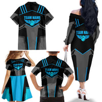 Custom Bowling Team Family Matching Off The Shoulder Long Sleeve Dress and Hawaiian Shirt with Blue Bowling Pin Heartbeat Graphic and Winged Emblem - Wonder Print Shop