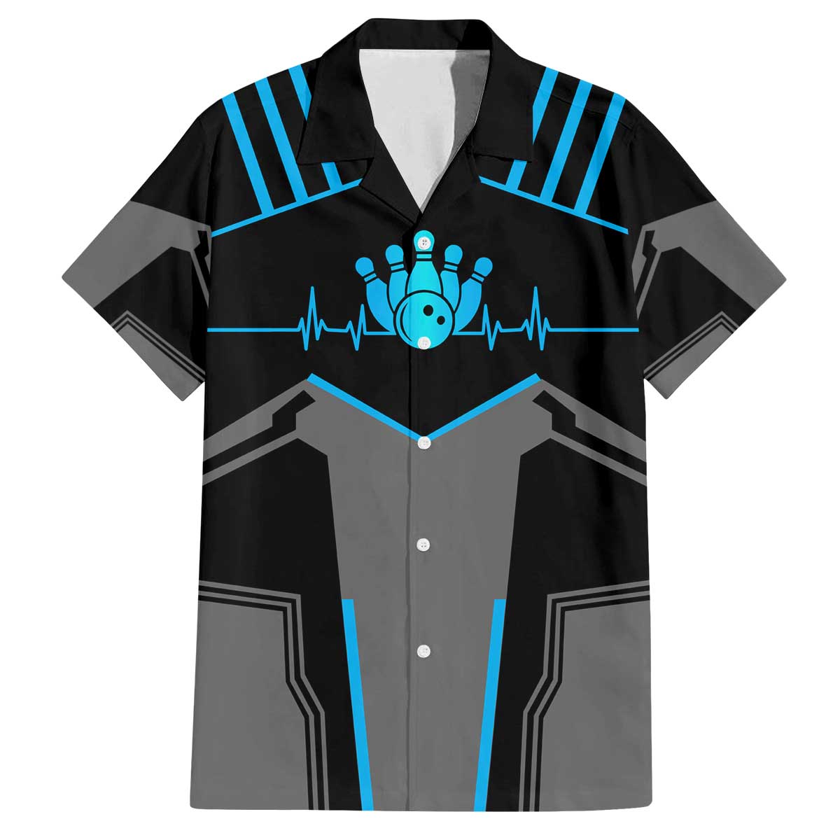 Custom Bowling Team Family Matching Off The Shoulder Long Sleeve Dress and Hawaiian Shirt with Blue Bowling Pin Heartbeat Graphic and Winged Emblem - Wonder Print Shop