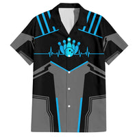 Custom Bowling Team Family Matching Off The Shoulder Long Sleeve Dress and Hawaiian Shirt with Blue Bowling Pin Heartbeat Graphic and Winged Emblem - Wonder Print Shop