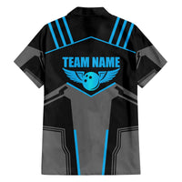 Custom Bowling Team Family Matching Off The Shoulder Long Sleeve Dress and Hawaiian Shirt with Blue Bowling Pin Heartbeat Graphic and Winged Emblem - Wonder Print Shop