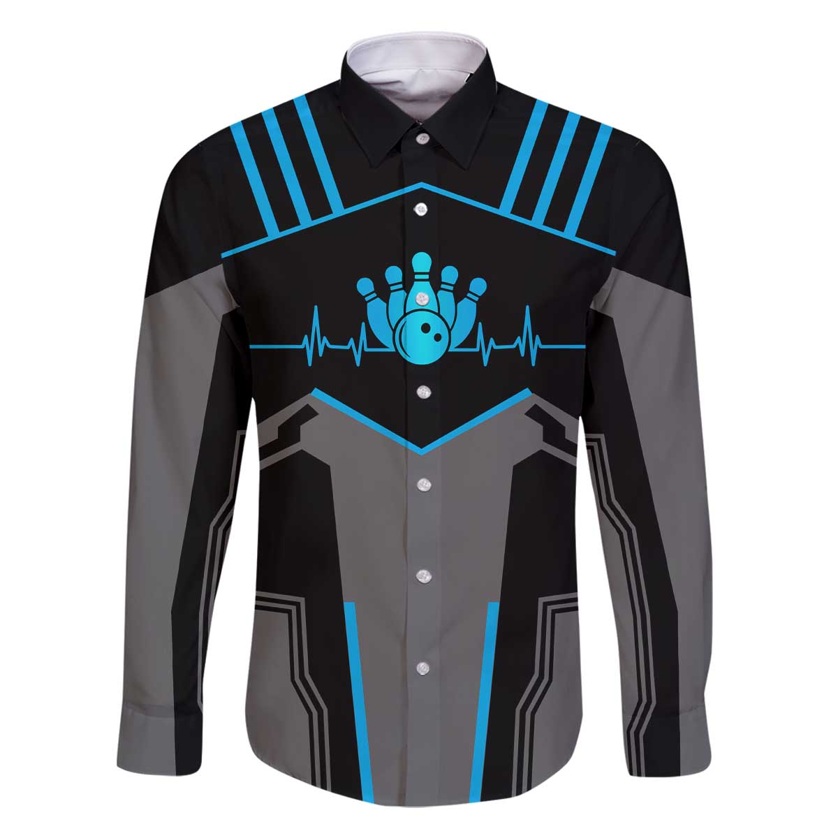 Custom Bowling Team Family Matching Off The Shoulder Long Sleeve Dress and Hawaiian Shirt with Blue Bowling Pin Heartbeat Graphic and Winged Emblem - Wonder Print Shop