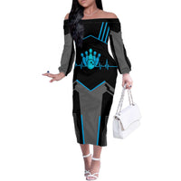 Custom Bowling Team Family Matching Off The Shoulder Long Sleeve Dress and Hawaiian Shirt with Blue Bowling Pin Heartbeat Graphic and Winged Emblem - Wonder Print Shop