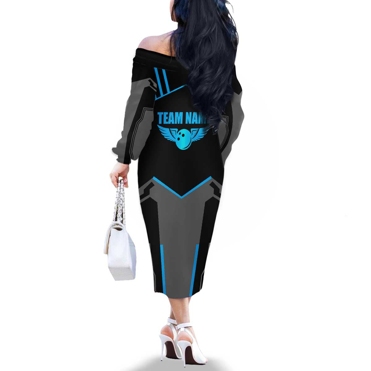 Custom Bowling Team Family Matching Off The Shoulder Long Sleeve Dress and Hawaiian Shirt with Blue Bowling Pin Heartbeat Graphic and Winged Emblem - Wonder Print Shop