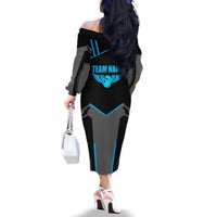 Custom Bowling Team Family Matching Off The Shoulder Long Sleeve Dress and Hawaiian Shirt with Blue Bowling Pin Heartbeat Graphic and Winged Emblem - Wonder Print Shop