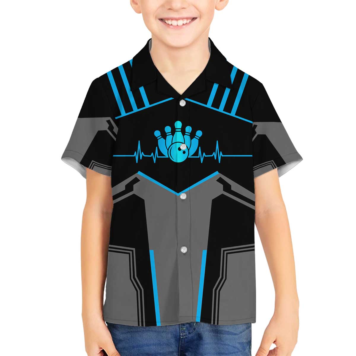 Custom Bowling Team Family Matching Off The Shoulder Long Sleeve Dress and Hawaiian Shirt with Blue Bowling Pin Heartbeat Graphic and Winged Emblem - Wonder Print Shop