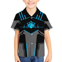 Custom Bowling Team Family Matching Off The Shoulder Long Sleeve Dress and Hawaiian Shirt with Blue Bowling Pin Heartbeat Graphic and Winged Emblem - Wonder Print Shop