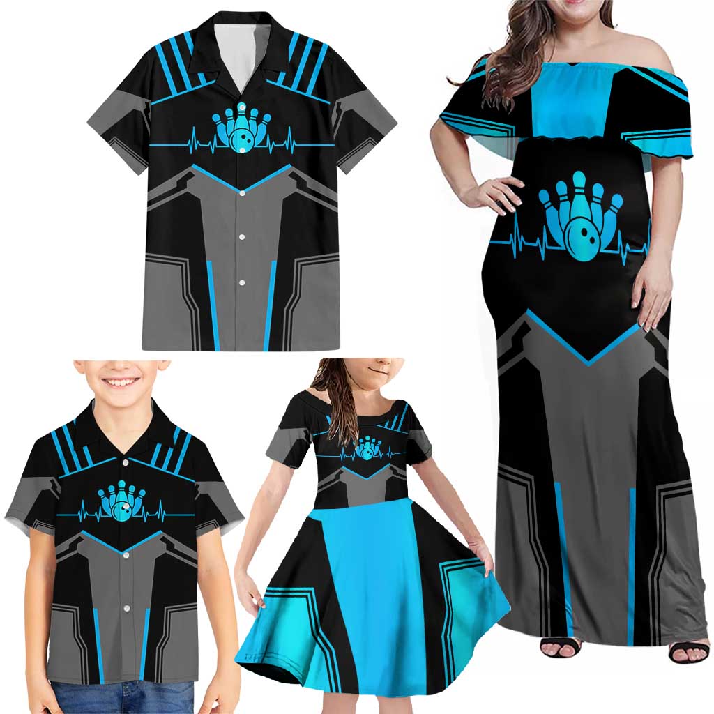 Custom Bowling Team Family Matching Off Shoulder Maxi Dress and Hawaiian Shirt with Blue Bowling Pin Heartbeat Graphic and Winged Emblem - Wonder Print Shop