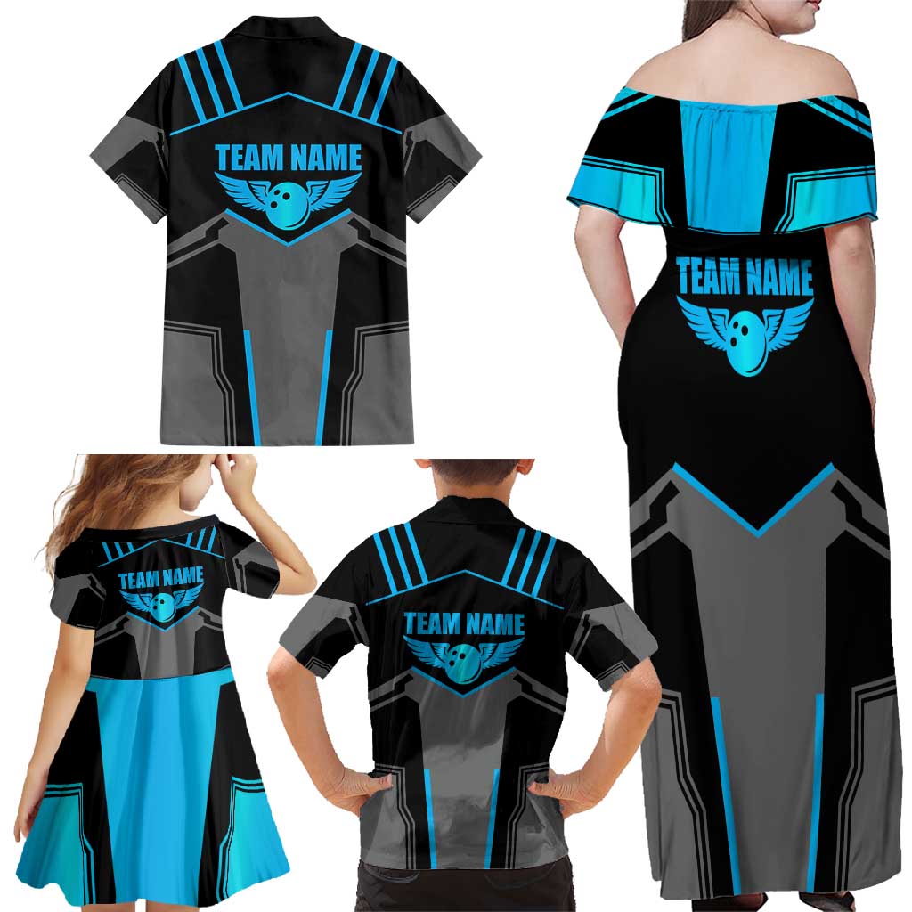 Custom Bowling Team Family Matching Off Shoulder Maxi Dress and Hawaiian Shirt with Blue Bowling Pin Heartbeat Graphic and Winged Emblem - Wonder Print Shop