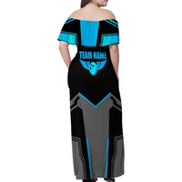 Custom Bowling Team Family Matching Off Shoulder Maxi Dress and Hawaiian Shirt with Blue Bowling Pin Heartbeat Graphic and Winged Emblem - Wonder Print Shop