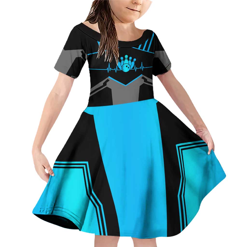 Custom Bowling Team Family Matching Off Shoulder Short Dress and Hawaiian Shirt with Blue Bowling Pin Heartbeat Graphic and Winged Emblem - Wonder Print Shop