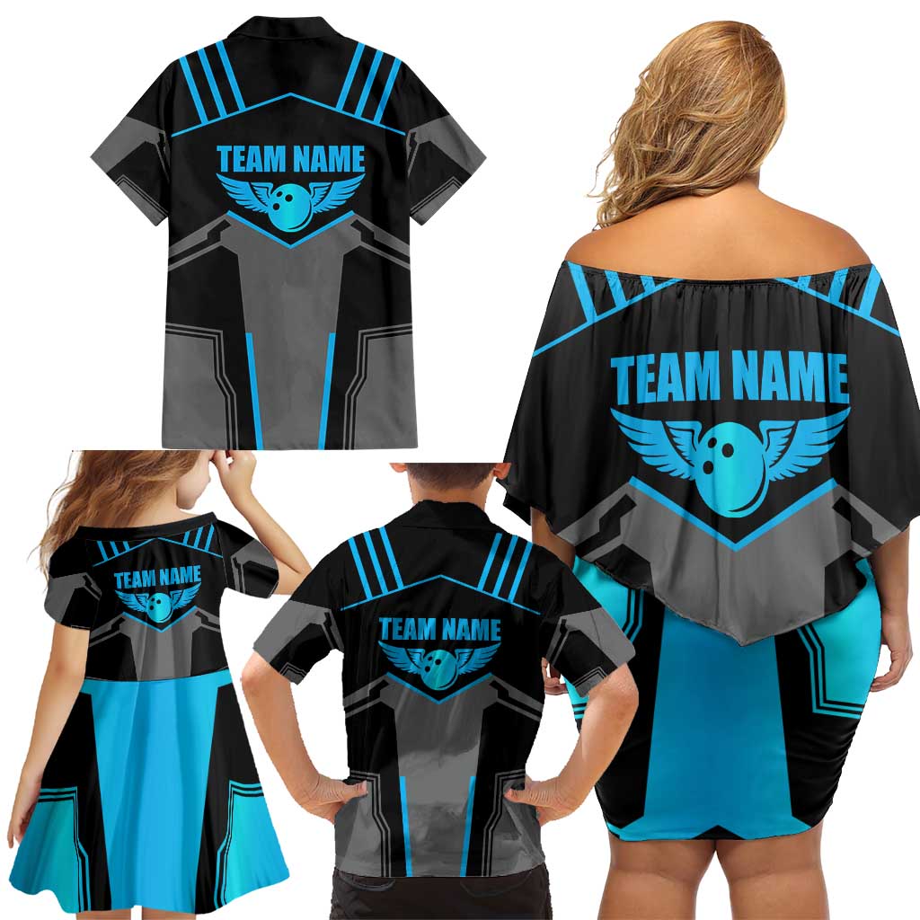 Custom Bowling Team Family Matching Off Shoulder Short Dress and Hawaiian Shirt with Blue Bowling Pin Heartbeat Graphic and Winged Emblem - Wonder Print Shop