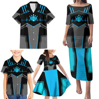 Custom Bowling Team Family Matching Puletasi and Hawaiian Shirt with Blue Bowling Pin Heartbeat Graphic and Winged Emblem - Wonder Print Shop