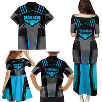 Custom Bowling Team Family Matching Puletasi and Hawaiian Shirt with Blue Bowling Pin Heartbeat Graphic and Winged Emblem - Wonder Print Shop