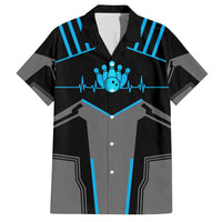 Custom Bowling Team Family Matching Puletasi and Hawaiian Shirt with Blue Bowling Pin Heartbeat Graphic and Winged Emblem - Wonder Print Shop