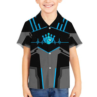 Custom Bowling Team Family Matching Puletasi and Hawaiian Shirt with Blue Bowling Pin Heartbeat Graphic and Winged Emblem - Wonder Print Shop