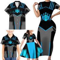 Custom Bowling Team Family Matching Short Sleeve Bodycon Dress and Hawaiian Shirt with Blue Bowling Pin Heartbeat Graphic and Winged Emblem - Wonder Print Shop