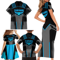 Custom Bowling Team Family Matching Short Sleeve Bodycon Dress and Hawaiian Shirt with Blue Bowling Pin Heartbeat Graphic and Winged Emblem - Wonder Print Shop