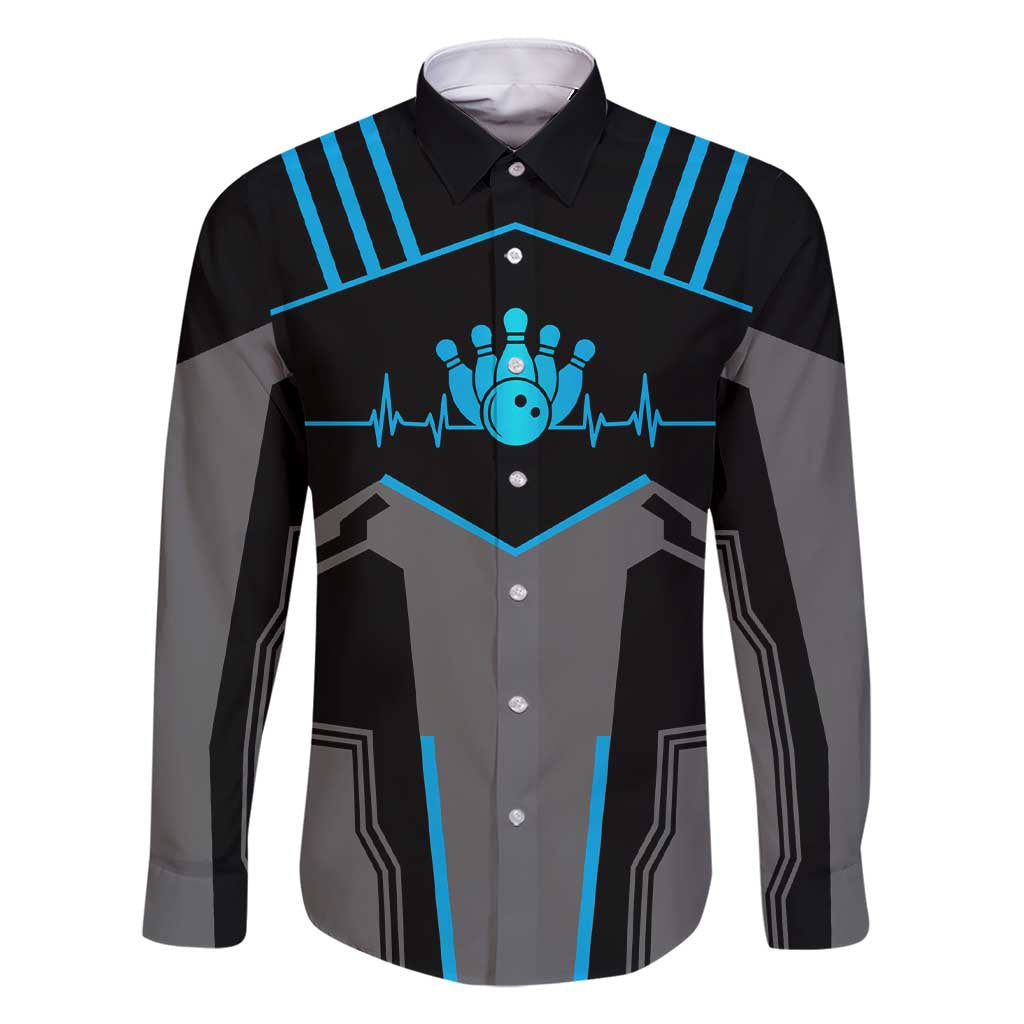 Custom Bowling Team Family Matching Short Sleeve Bodycon Dress and Hawaiian Shirt with Blue Bowling Pin Heartbeat Graphic and Winged Emblem - Wonder Print Shop