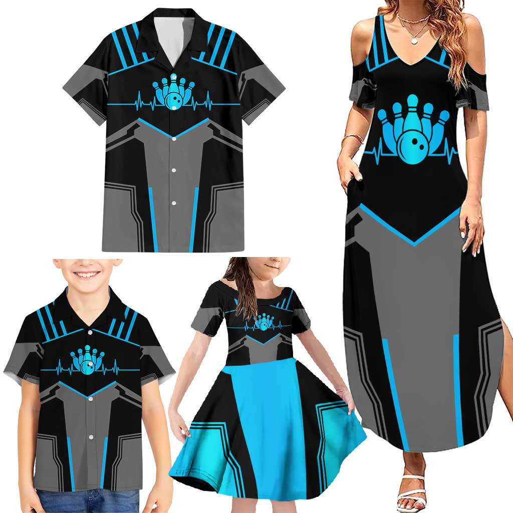 Custom Bowling Team Family Matching Summer Maxi Dress and Hawaiian Shirt with Blue Bowling Pin Heartbeat Graphic and Winged Emblem - Wonder Print Shop