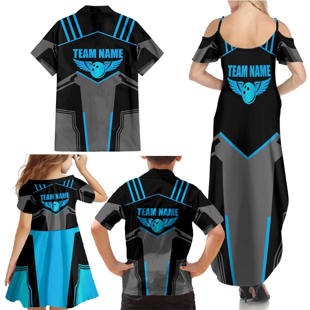 Custom Bowling Team Family Matching Summer Maxi Dress and Hawaiian Shirt with Blue Bowling Pin Heartbeat Graphic and Winged Emblem - Wonder Print Shop