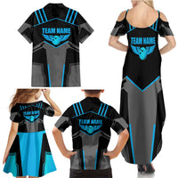 Custom Bowling Team Family Matching Summer Maxi Dress and Hawaiian Shirt with Blue Bowling Pin Heartbeat Graphic and Winged Emblem - Wonder Print Shop