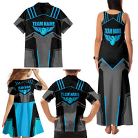 Custom Bowling Team Family Matching Tank Maxi Dress and Hawaiian Shirt with Blue Bowling Pin Heartbeat Graphic and Winged Emblem - Wonder Print Shop