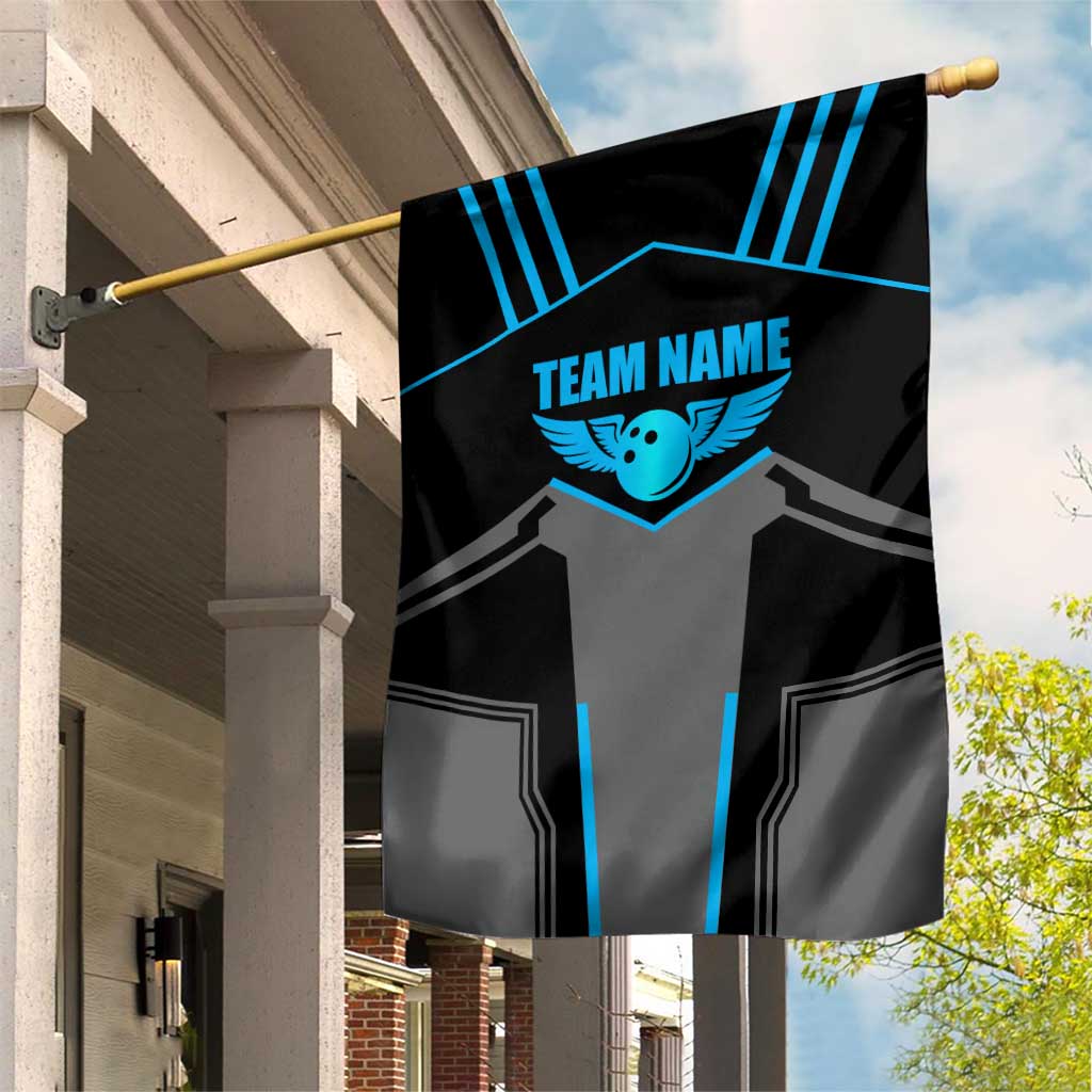 Custom Bowling Team Garden Flag with Blue Bowling Pin Heartbeat Graphic and Winged Emblem - Wonder Print Shop