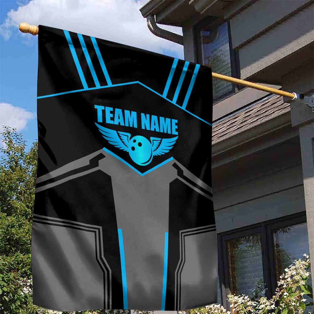 Custom Bowling Team Garden Flag with Blue Bowling Pin Heartbeat Graphic and Winged Emblem - Wonder Print Shop