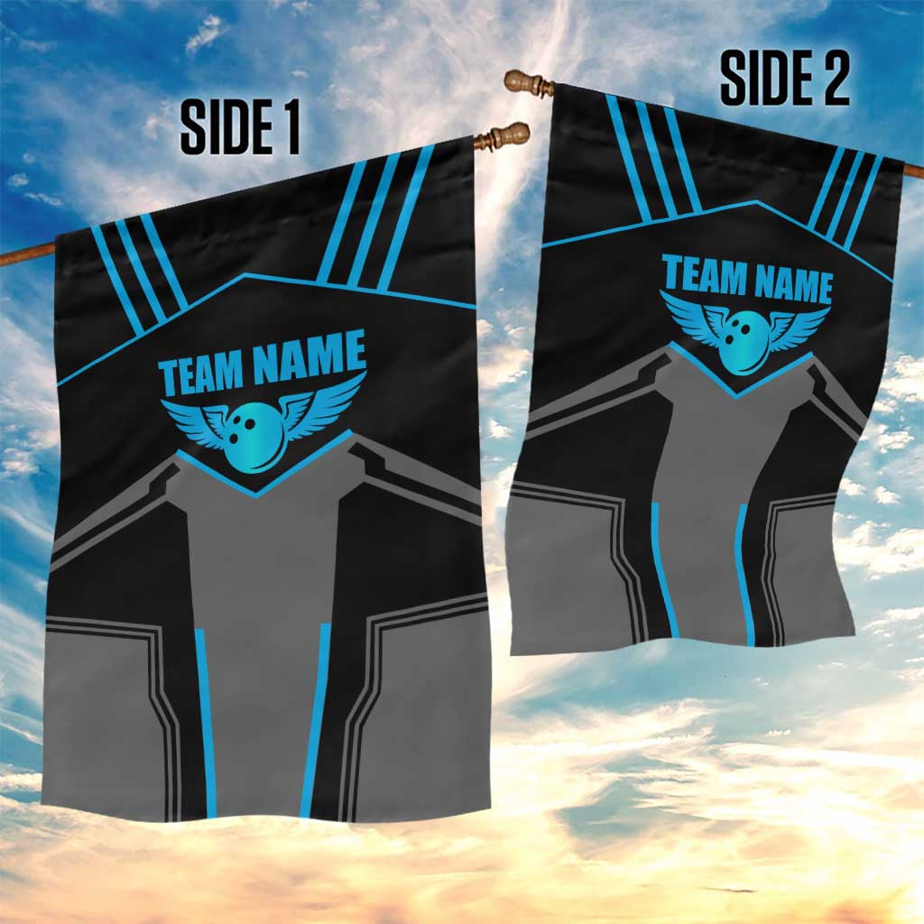 Custom Bowling Team Garden Flag with Blue Bowling Pin Heartbeat Graphic and Winged Emblem - Wonder Print Shop