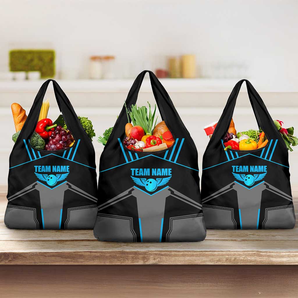Custom Bowling Team Grocery Bag with Blue Bowling Pin Heartbeat Graphic and Winged Emblem - Wonder Print Shop