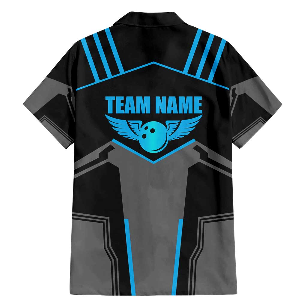 Custom Bowling Team Hawaiian Shirt with Blue Bowling Pin Heartbeat Graphic and Winged Emblem - Wonder Print Shop