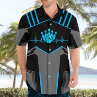 Custom Bowling Team Hawaiian Shirt with Blue Bowling Pin Heartbeat Graphic and Winged Emblem - Wonder Print Shop