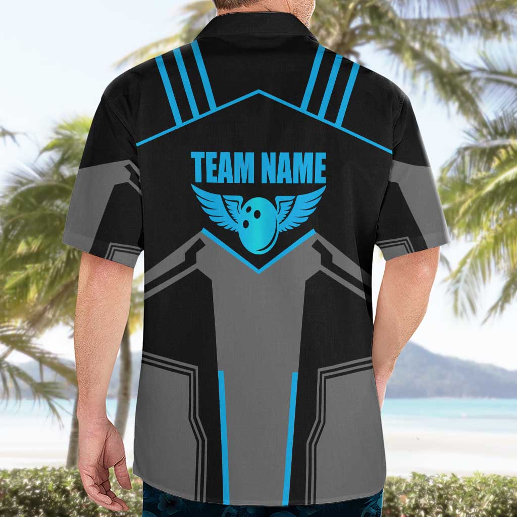 Custom Bowling Team Hawaiian Shirt with Blue Bowling Pin Heartbeat Graphic and Winged Emblem - Wonder Print Shop