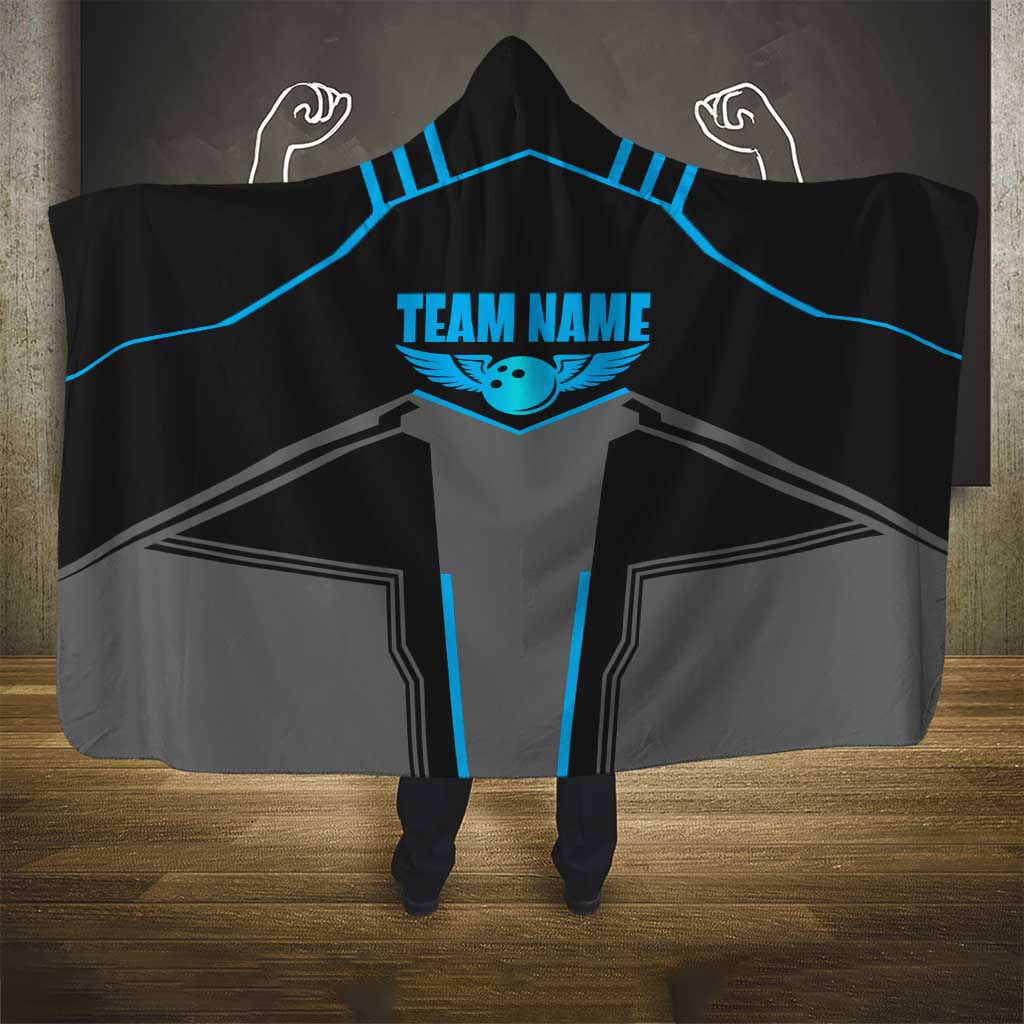 Custom Bowling Team Hooded Blanket with Blue Bowling Pin Heartbeat Graphic and Winged Emblem - Wonder Print Shop