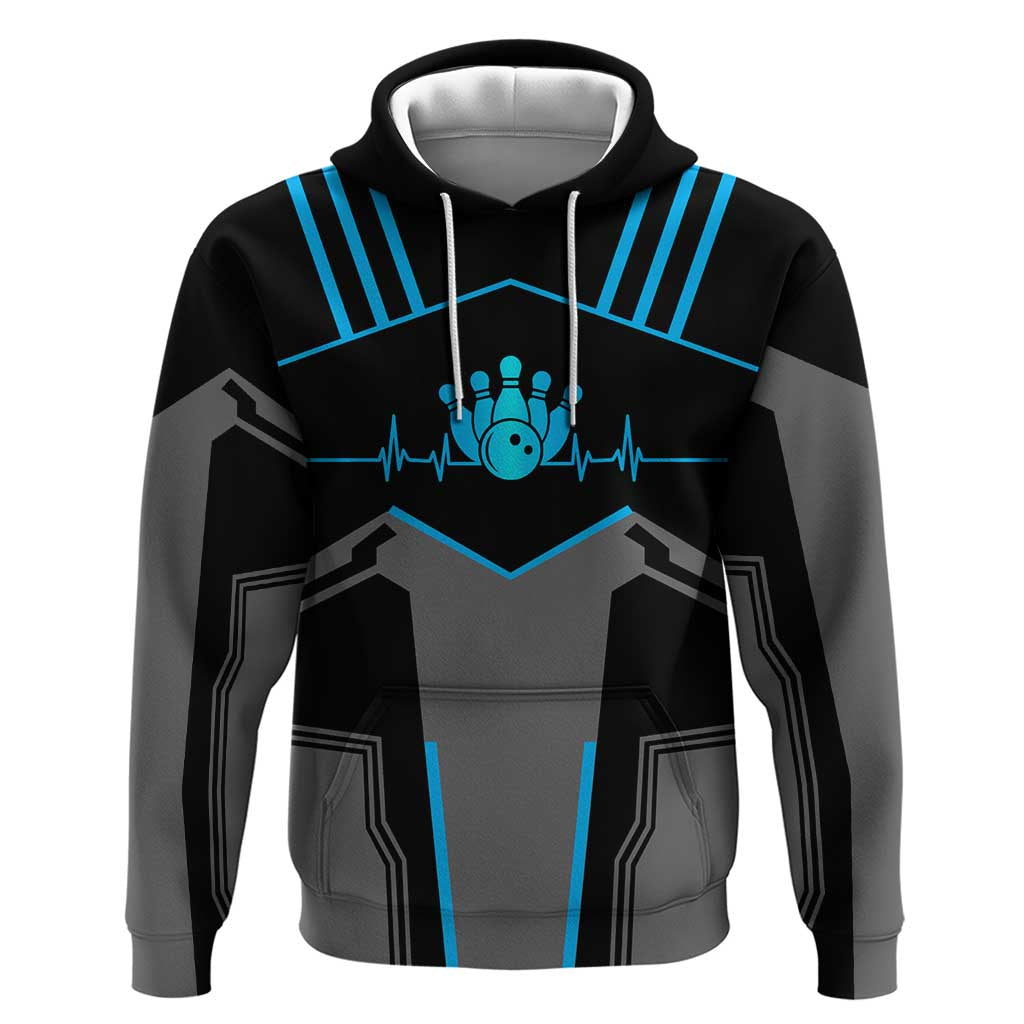 Custom Bowling Team Hoodie with Blue Bowling Pin Heartbeat Graphic and Winged Emblem - Wonder Print Shop